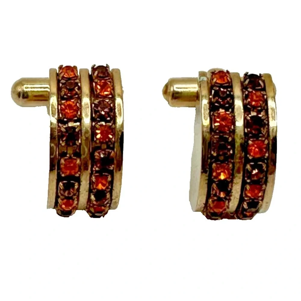 Art Deco Gold Tone Half Circle Orange Red Rhinestone Cufflinks Tie Tack Set